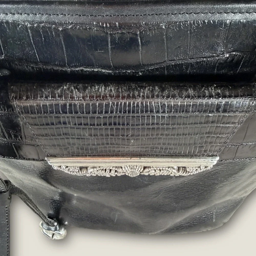 Brighton Black Leather Croc‎ Embossed Shoulder Bag Ornate Silver Heart Vintage
